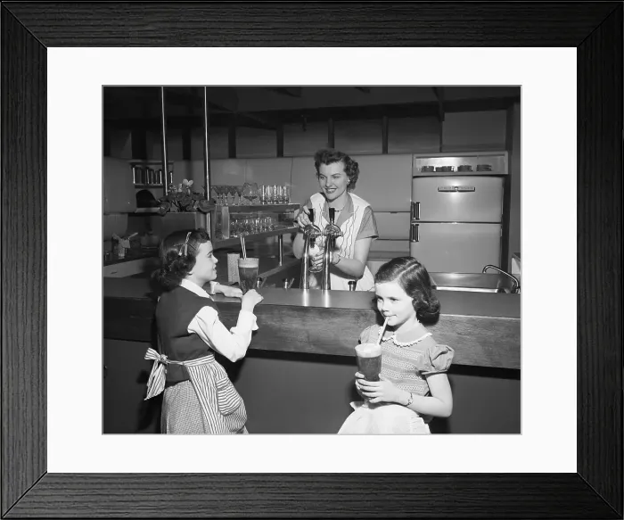 Framed Print : Mother and Daughters at Kitchen Soda Fountain Framed Print : Mother and Daughters at Kitchen Soda Fountain