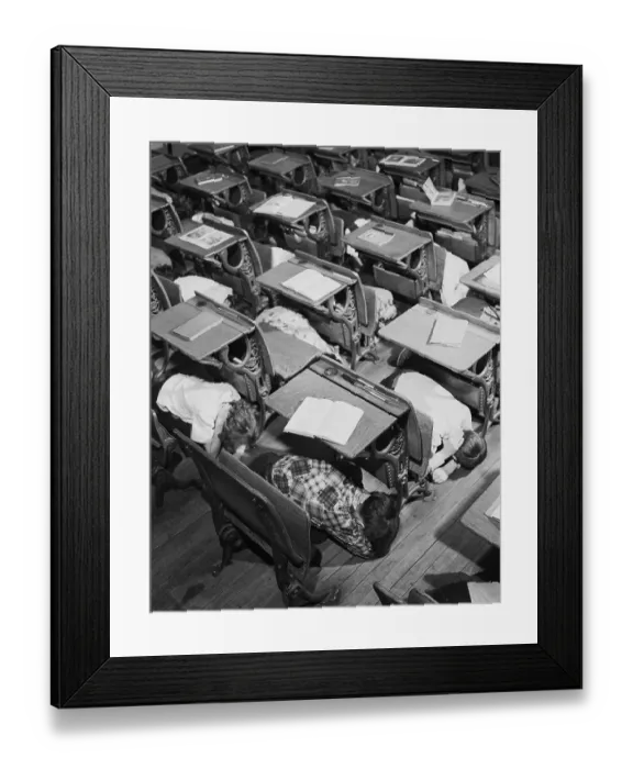 Framed Print : Duck and Cover Drill in School Classroom Framed Print : Duck and Cover Drill in School Classroom