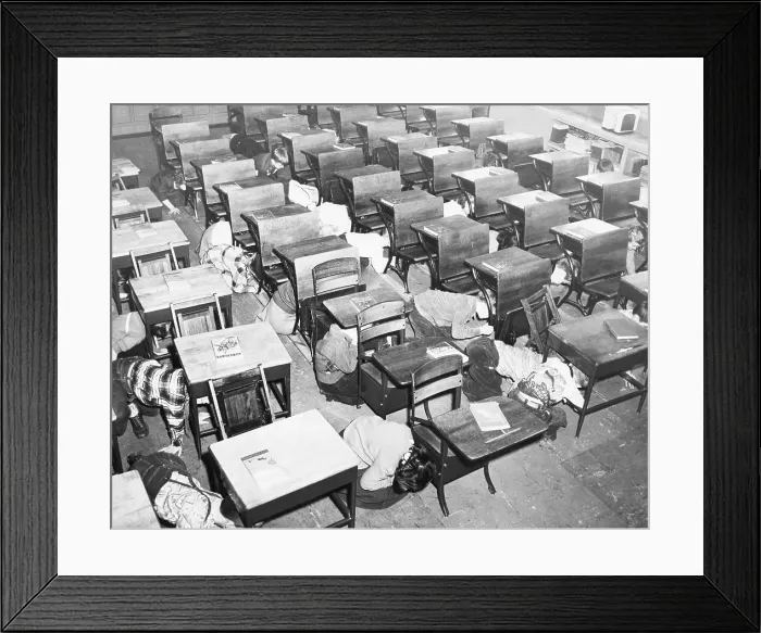 Framed Print : Air Raid Drill in School Framed Print : Air Raid Drill in School