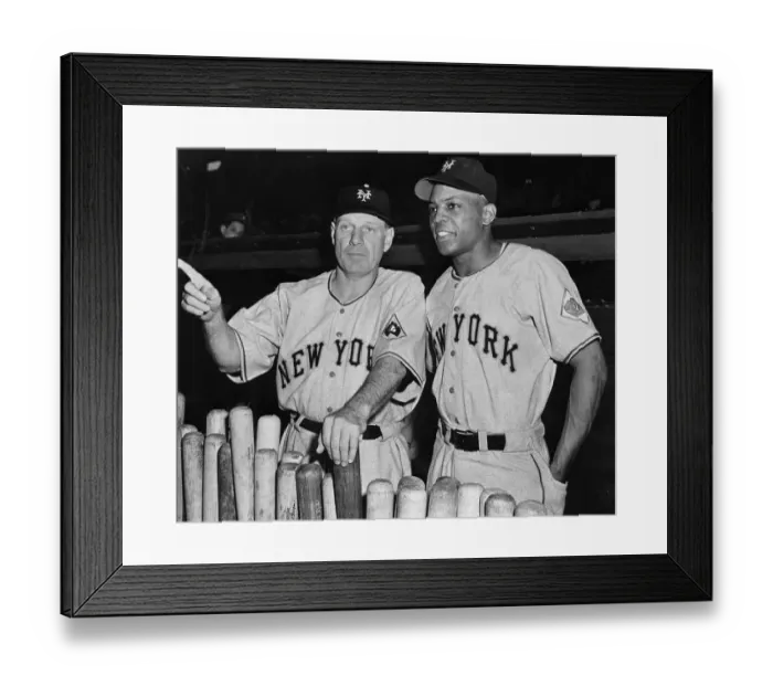 Framed Print : Willie Mays with Leo Durocher Standing over Baseball Bats Framed Print : Willie Mays with Leo Durocher Standing over Baseball Bats