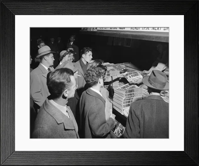 Framed Print : People Crowd A-Bomb Headline 1950 Framed Print : People Crowd A-Bomb Headline 1950