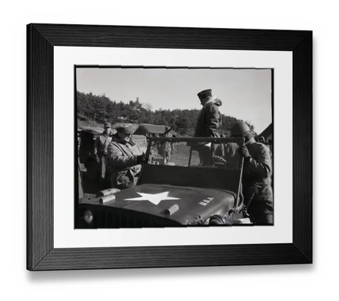 Framed Print : Gen. MacArthur and Walker in Korea; Jeep Framed Print : Gen. MacArthur and Walker in Korea; Jeep