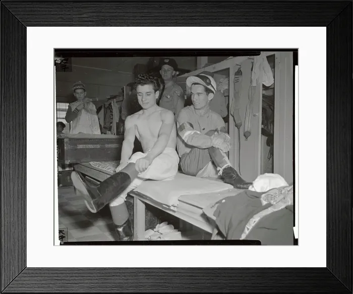 Framed Print : Willie Shoemaker Watching Joe Culmone Pulling on Boots Framed Print : Willie Shoemaker Watching Joe Culmone Pulling on Boots