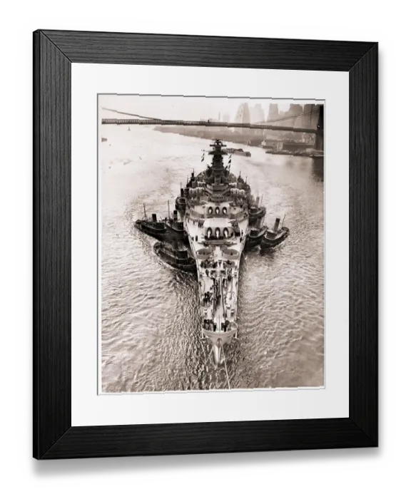 Framed Print : Battleship Being Pulled into Yard Framed Print : Battleship Being Pulled into Yard
