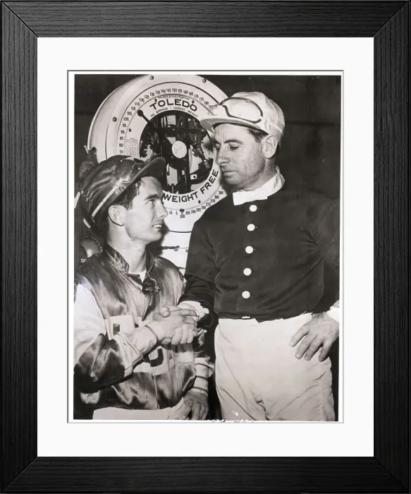 Framed Print : Willie Shoemaker and Johnny Longden Shaking Hands