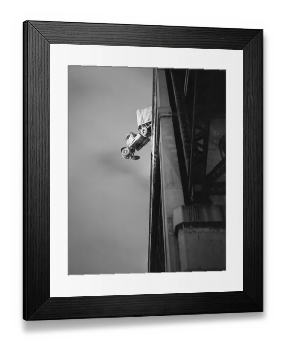 Framed Print : Truck Dangles Over Side of Bridge Framed Print : Truck Dangles Over Side of Bridge