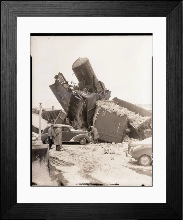 Framed Print : Workers Inspect 95 Car Auto and Train Wreck Framed Print : Workers Inspect 95 Car Auto and Train Wreck