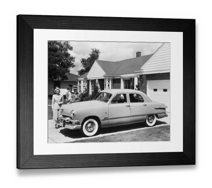 Framed Print : Family with New Ford Sedan in Driveway Framed Print : Family with New Ford Sedan in Driveway