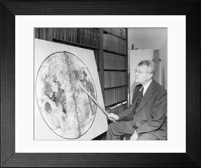 Framed Print : Harold Urey with Map of Moon