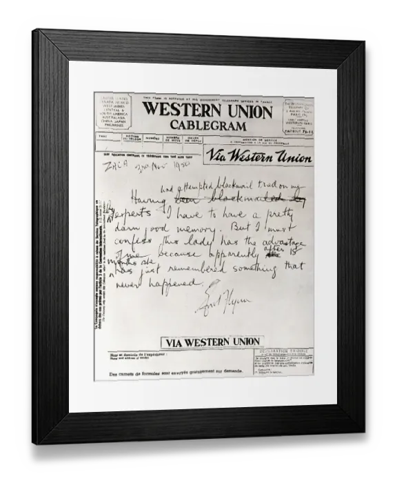 Framed Print : Errol Flynn's Manuscript Statement Framed Print : Errol Flynn's Manuscript Statement