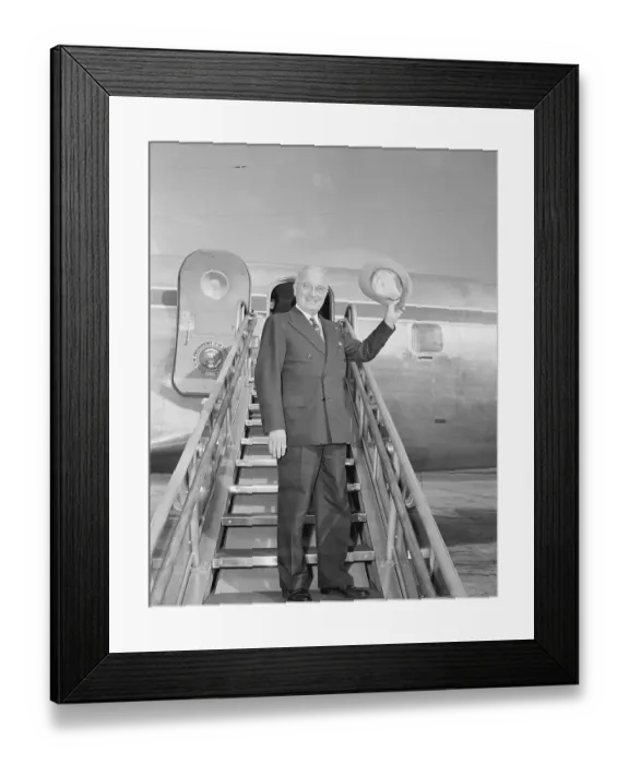 Framed Print : Harry Truman Tips Hat on Stairs to Plane Framed Print : Harry Truman Tips Hat on Stairs to Plane