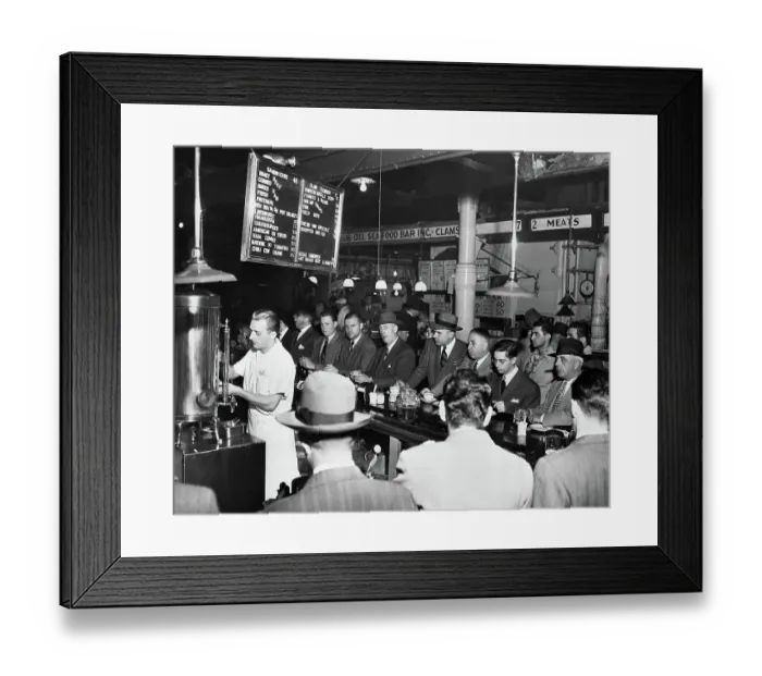Framed Print : Men Standing and Eating in Standing Eatery Framed Print : Men Standing and Eating in Standing Eatery