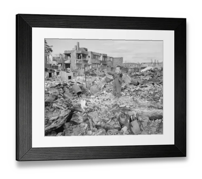 Framed Print : Young Distraught Korean Boy Amidst War Torn Neighborhood Framed Print : Young Distraught Korean Boy Amidst War Torn Neighborhood