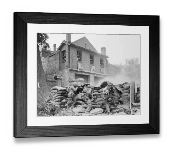 Framed Print : U. S. Soldiers Crouched in Front of Building Framed Print : U. S. Soldiers Crouched in Front of Building