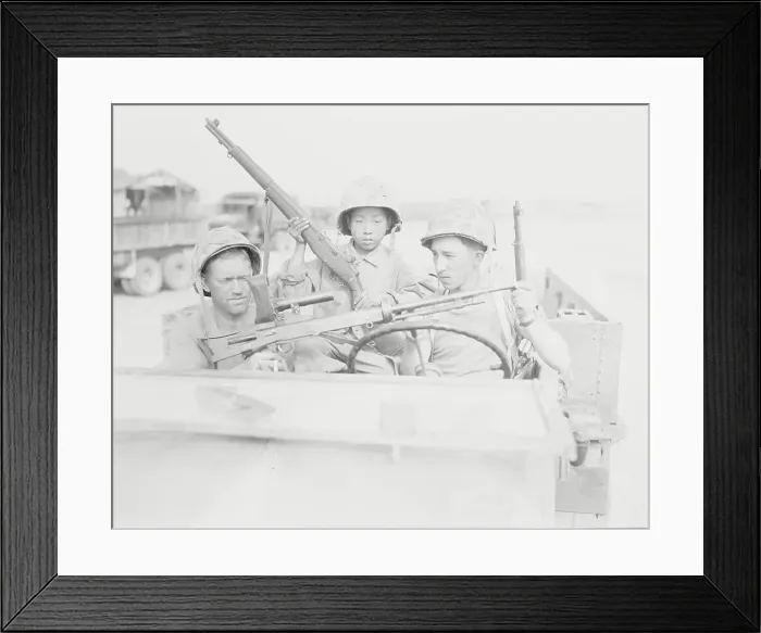 Framed Print : Child with American Soldiers Framed Print : Child with American Soldiers