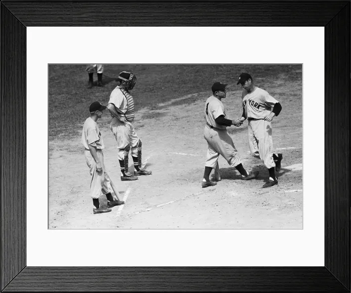 Framed Print : Y.Berra Shakes J.Dimaggio'S Hand;Homerun Framed Print : Y.Berra Shakes J.Dimaggio'S Hand;Homerun