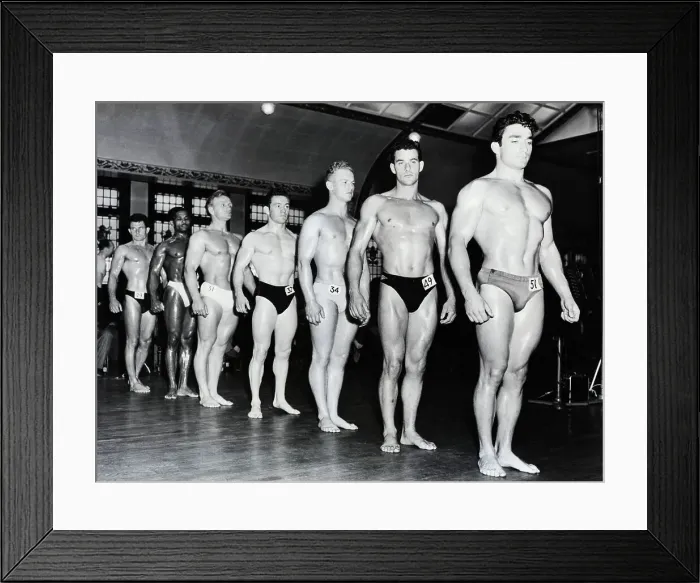 Framed Print : Muscle Men Stand On Line; Mr. Universe Framed Print : Muscle Men Stand On Line; Mr. Universe