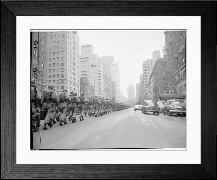 Framed Print : Infantrymen Marching Down Street Framed Print : Infantrymen Marching Down Street