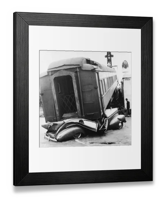 Framed Print : Train Car Resting on Automobile After Accident Framed Print : Train Car Resting on Automobile After Accident