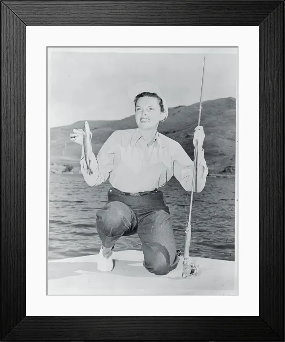 Framed Print : Judy Garland with Fishing Rod and Fish Framed Print : Judy Garland with Fishing Rod and Fish