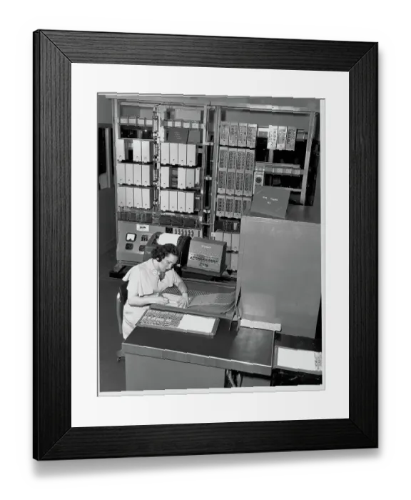 Framed Print : Clerical Worker Using Intelex System for Automatic Train Reservations Framed Print : Clerical Worker Using Intelex System for Automatic Train Reservations