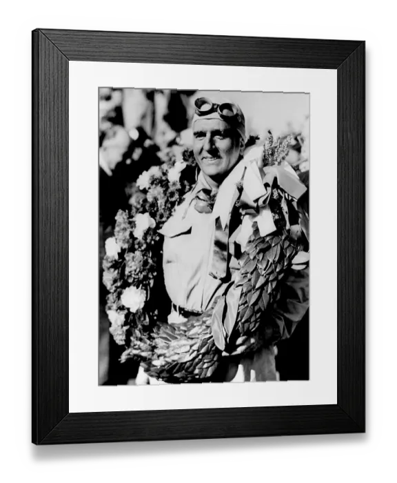 Framed Print : A Smiling G. Farina with Wreath Around His Neck Framed Print : A Smiling G. Farina with Wreath Around His Neck