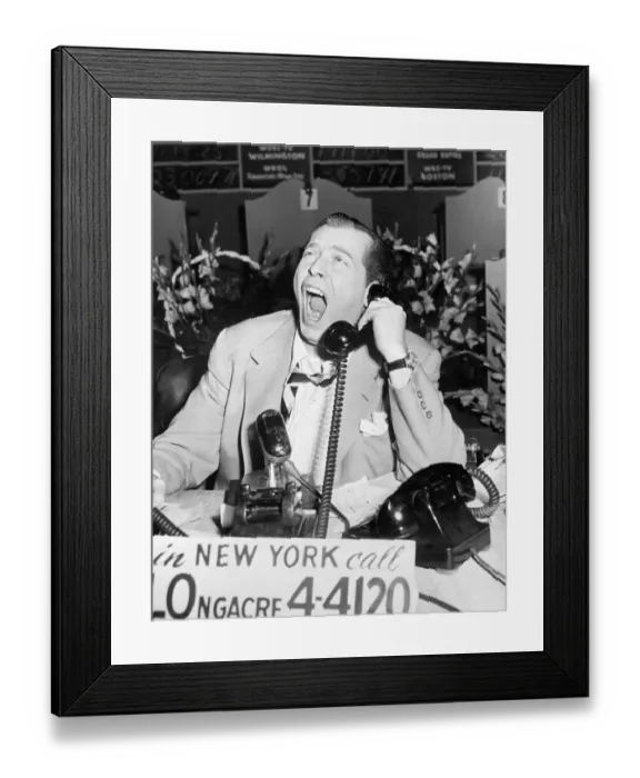 Framed Print : Milton Berle Yawning on Phone During Telethon Framed Print : Milton Berle Yawning on Phone During Telethon