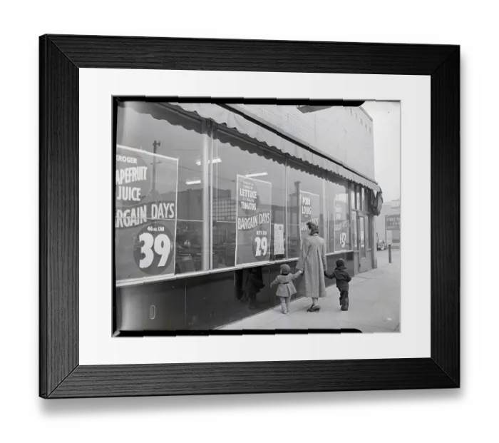 Framed Print : Woman and Children Look at Grocery Window Framed Print : Woman and Children Look at Grocery Window