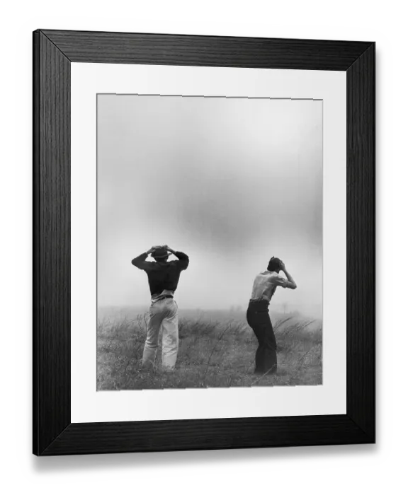 Framed Print : Men Hold Hats Watch Dust Cloud In Field Framed Print : Men Hold Hats Watch Dust Cloud In Field