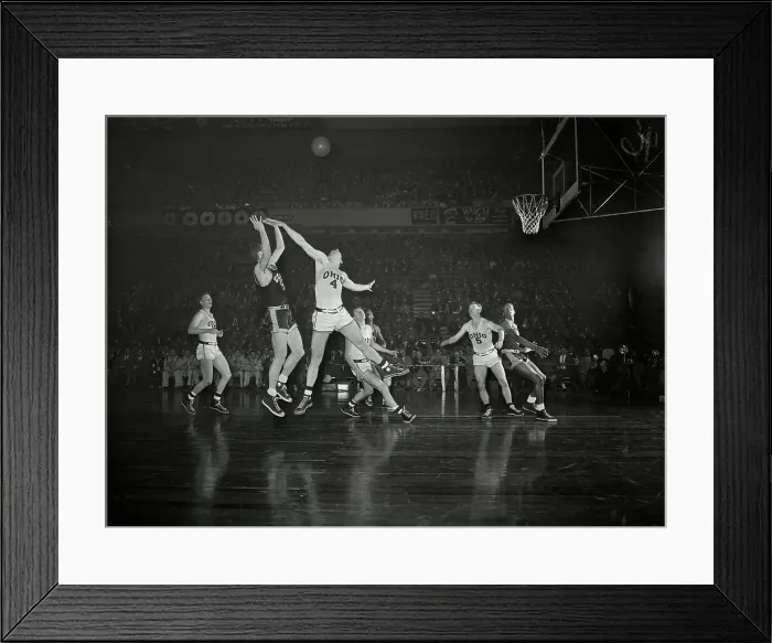 Framed Print : Basketball Players Jumping for Ball Framed Print : Basketball Players Jumping for Ball