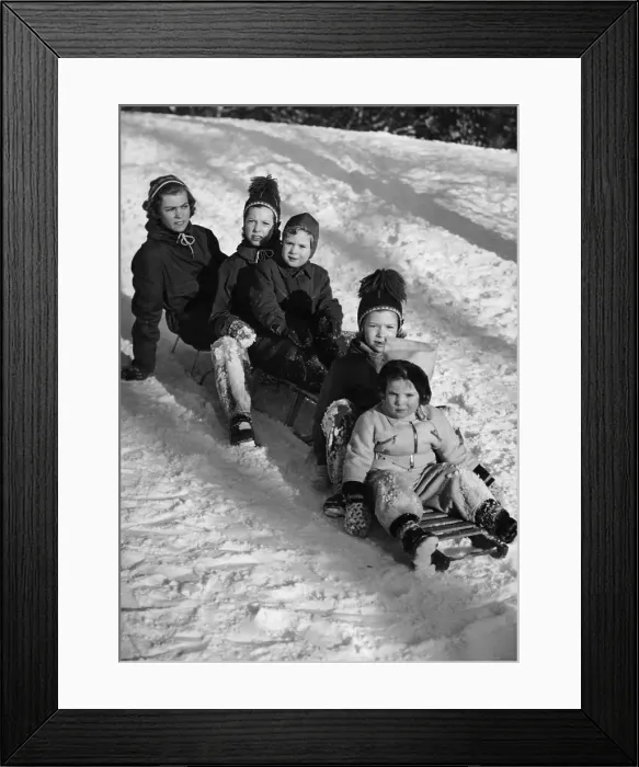 Framed Print : Children Sitting on Sleds Framed Print : Children Sitting on Sleds