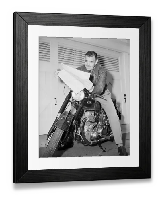 Framed Print : Clark Gable on Motorcycle Reading Map Framed Print : Clark Gable on Motorcycle Reading Map