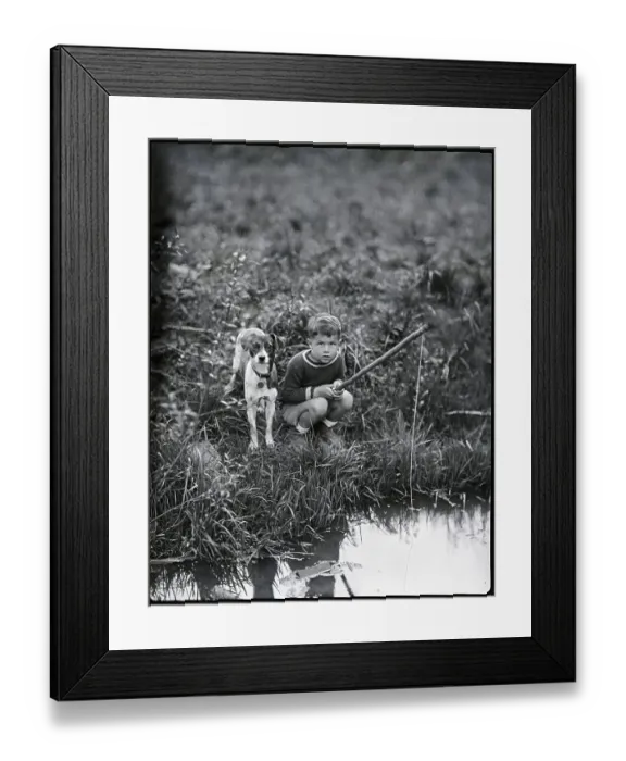 Framed Print : Boy with Dog Fishing Framed Print : Boy with Dog Fishing