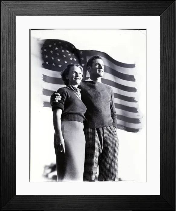 Framed Print : Young American Couple Posing with Flag Framed Print : Young American Couple Posing with Flag