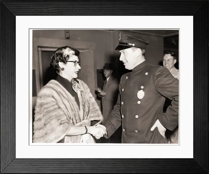 Framed Print : Martha Raye Shaking Hands with Police Framed Print : Martha Raye Shaking Hands with Police