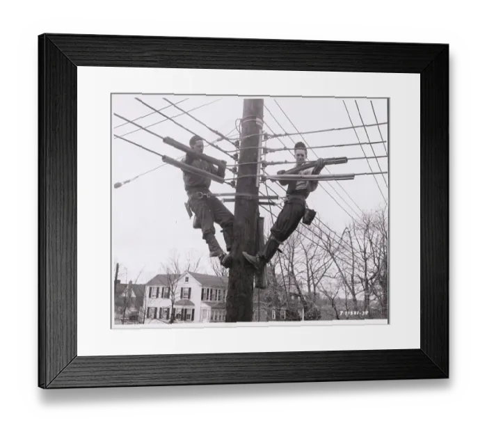 Framed Print : Men Working on Electrical Wires from Poles