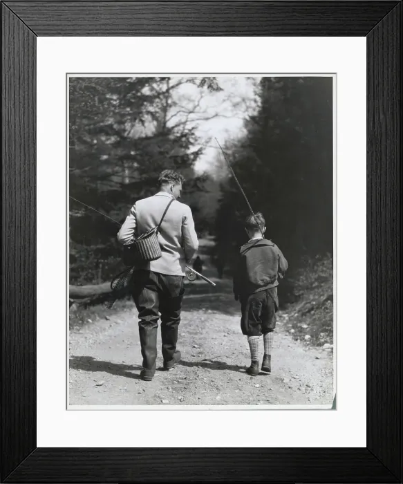 Framed Print : Father and Son Strolling for Fishing in Wooded Area Framed Print : Father and Son Strolling for Fishing in Wooded Area