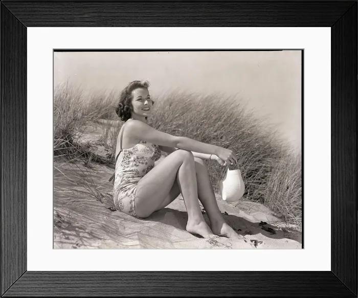 Framed Print : Woman at Beach in Bathing Suit Framed Print : Woman at Beach in Bathing Suit