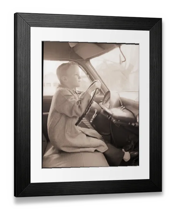 Framed Print : Boy at Wheel of Auto Framed Print : Boy at Wheel of Auto