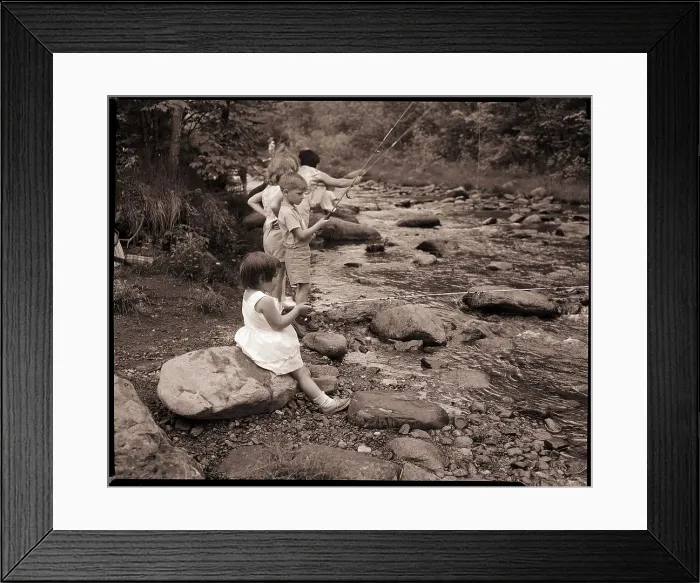 Framed Print : Children Fishing in Stream Framed Print : Children Fishing in Stream