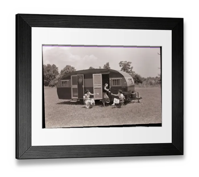 Framed Print : Women Gather Outside Trailer Home Framed Print : Women Gather Outside Trailer Home