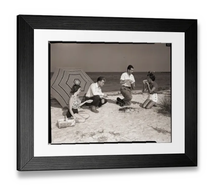 Framed Print : Couples Having Picnic on Beach Framed Print : Couples Having Picnic on Beach