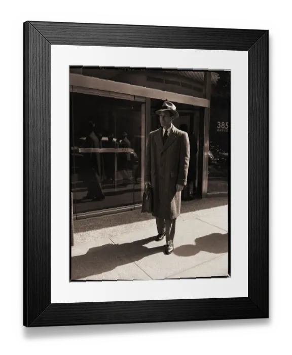 Framed Print : Salesman in Front of Building Framed Print : Salesman in Front of Building