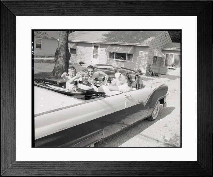 Framed Print : Family in Convertible Waving Framed Print : Family in Convertible Waving