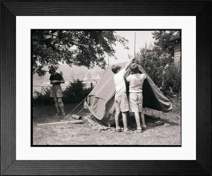 Framed Print : Boys Pitching a Tent Framed Print : Boys Pitching a Tent