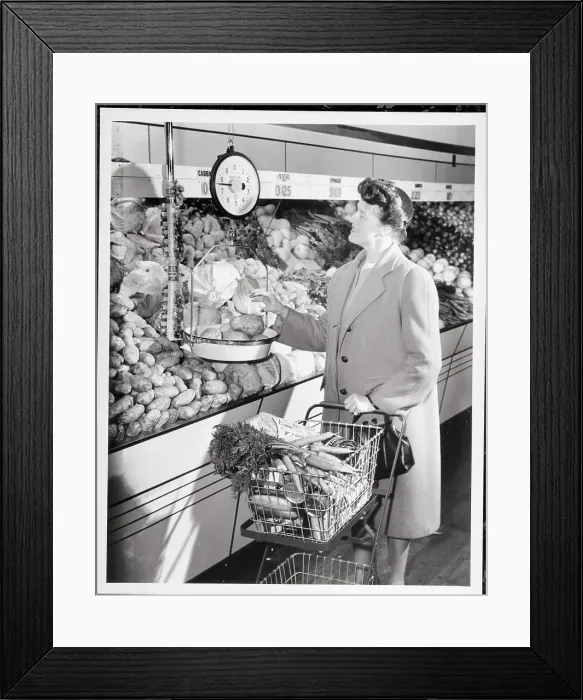 Framed Print : Woman Weighing Potatoes in Grocery Store Framed Print : Woman Weighing Potatoes in Grocery Store