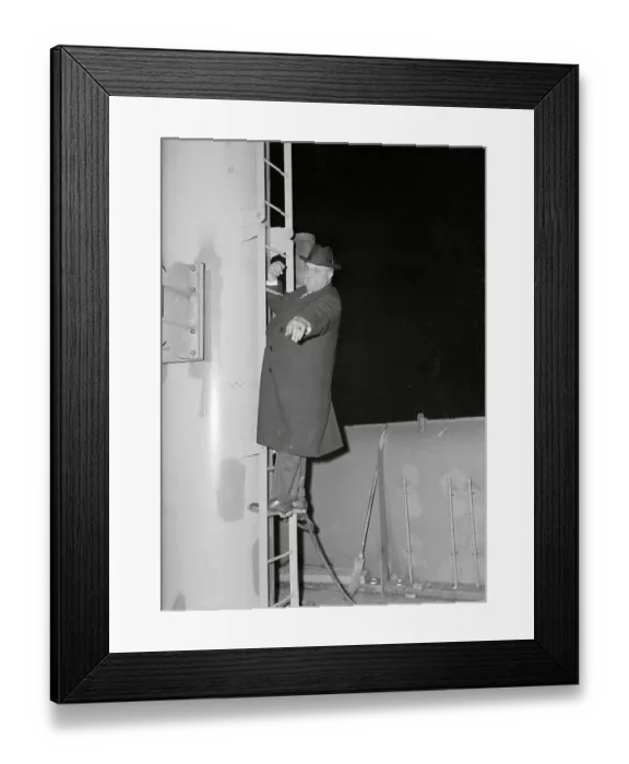 Framed Print : Henry Kaiser Climbing up Cargo Boom at His Ship Yards Framed Print : Henry Kaiser Climbing up Cargo Boom at His Ship Yards