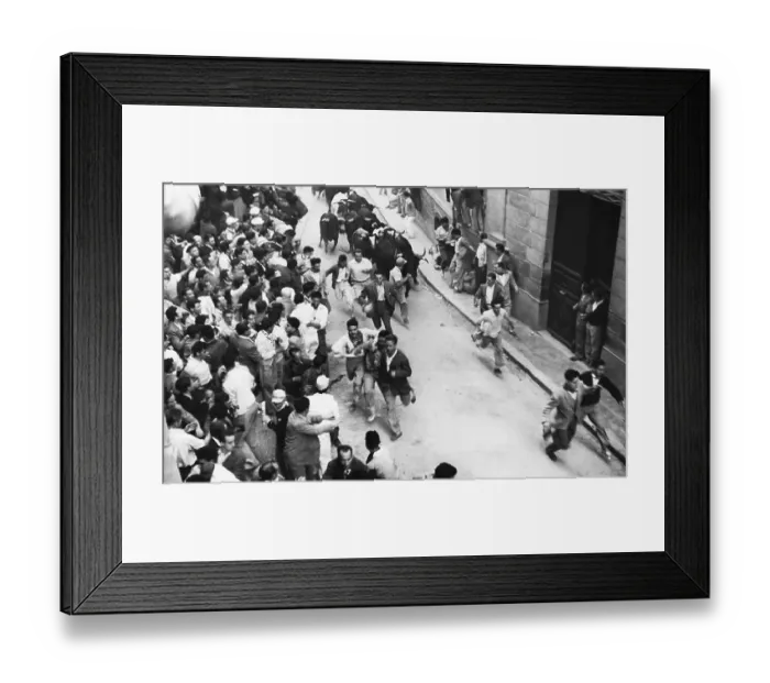Framed Print : Spaniards Festively Running in Front of Loose Bull Framed Print : Spaniards Festively Running in Front of Loose Bull