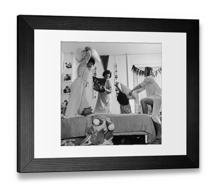 Framed Print : College Women Having Pillow Fight Framed Print : College Women Having Pillow Fight