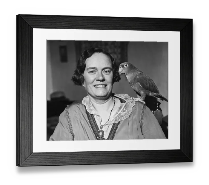 Framed Print : Margaret Mead with Parrot on Shoulder Framed Print : Margaret Mead with Parrot on Shoulder